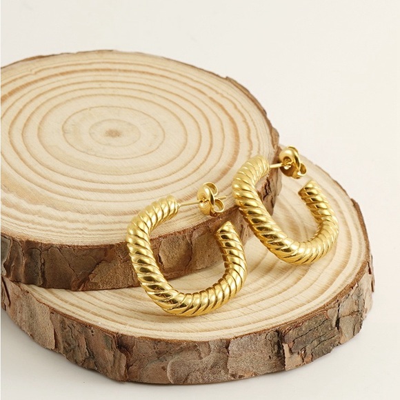 Gold Textured Square Hoop Earrings*Waterproof and Sweatproof - Picture 4 of 4